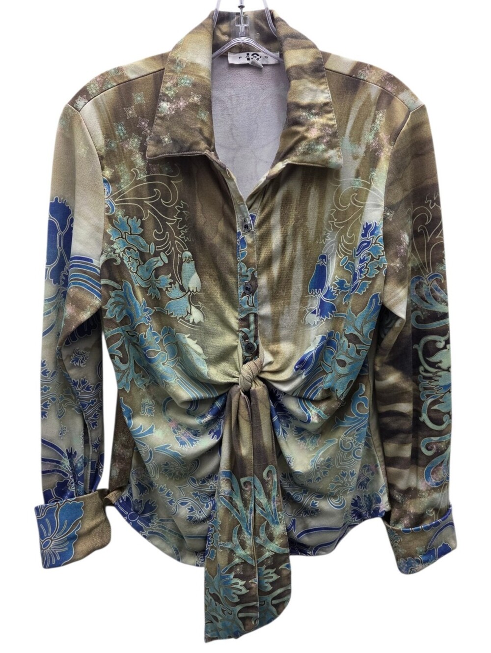 Y2K Mix Print Top Tie Front Vintage Button up M